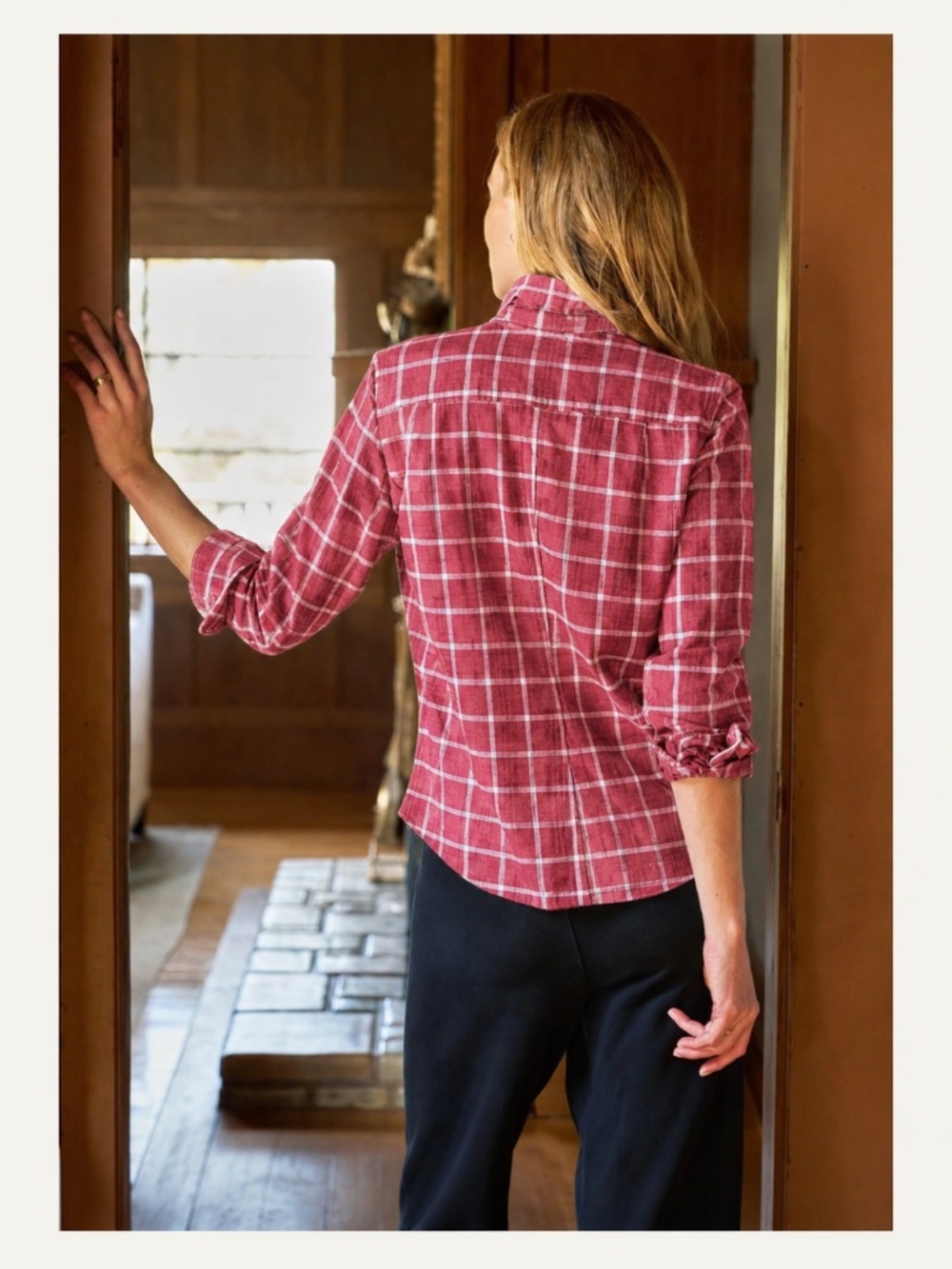 Frank & Eileen Barry 100 Percent Linen Shirt Red White Windowpane Plaid, Size XS